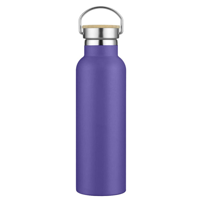A drink bottle in a vibrant purple hue with a stainless steel top and wooden accent. It features a logo.