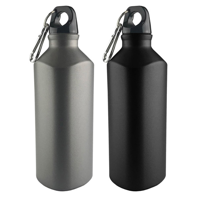 A drink bottle in silver and black with a carabiner clip, featuring a sleek, modern design and a logo.