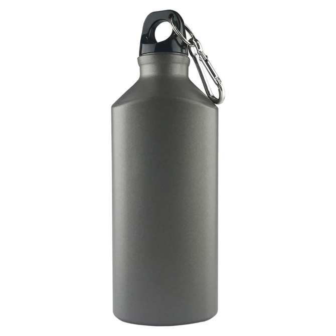 A drink bottle in a sleek matte grey finish, featuring a black top and a carabiner clip.