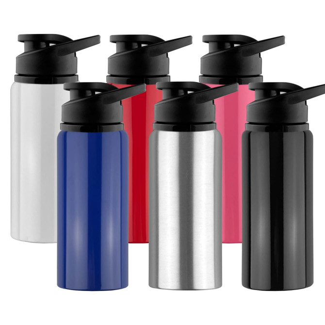 A drink bottle in various colours: white, blue, red, pink, silver, and black, featuring a spout lid and a logo.