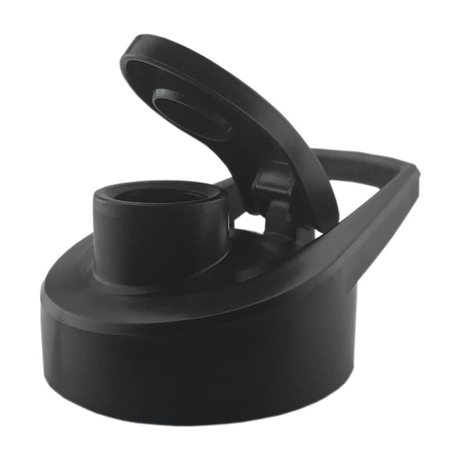 A drink bottle lid in black, featuring a flip-top design and a built-in handle for easy carrying.
