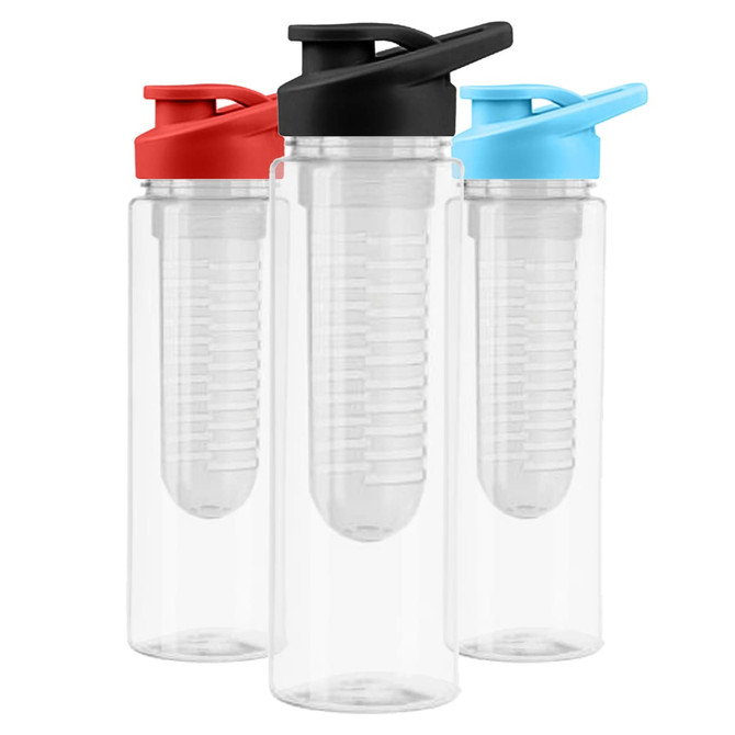 A drink bottle in clear plastic featuring red, black, and blue screw-top lids, with a ridged design on the body.