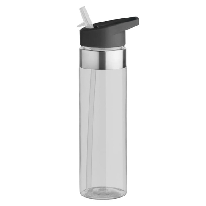A drink bottle with a clear body and black lid, featuring a straw and a metal accent band.