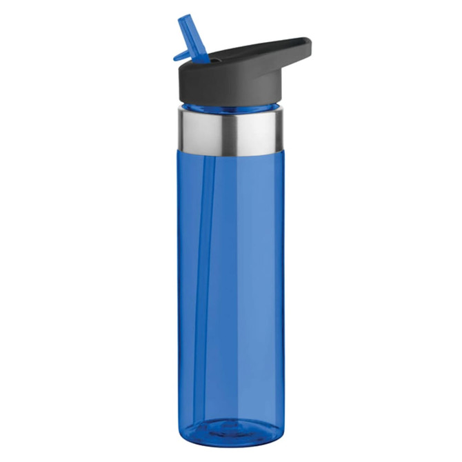 A drink bottle with a blue plastic body and a black lid, featuring a flip straw and a stainless steel band.