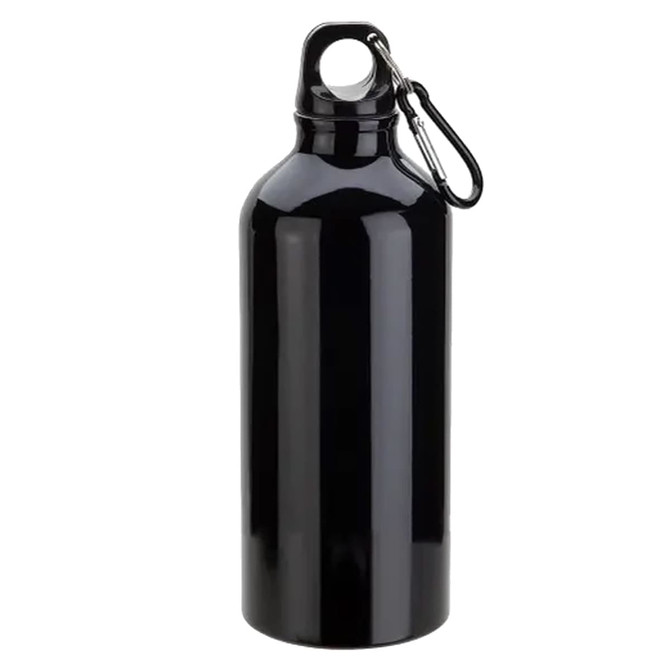 A drink bottle in glossy black with a carabiner attachment and a rounded body, featuring a logo.