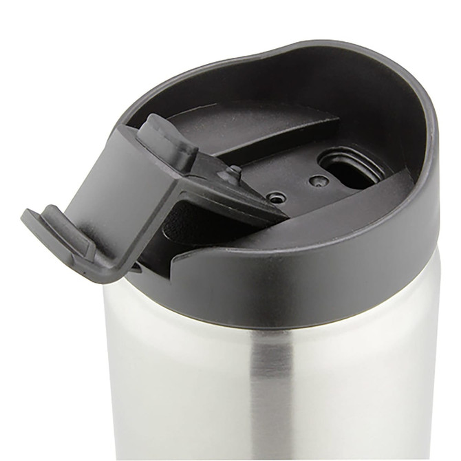 A drink bottle with a stainless steel body and a black flip-top lid. It features a logo on the side.