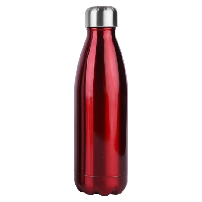 A drink bottle in a glossy red finish with a stainless steel lid, featuring a logo.