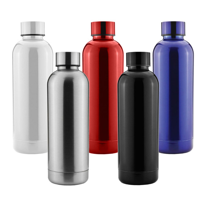 A drink bottle collection featuring red, blue, black, silver, and white finishes, each with a screw-on lid and a logo.