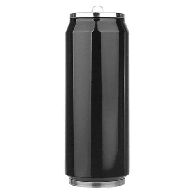 A black drink bottle with a sleek, cylindrical design and a silver top, featuring a logo.