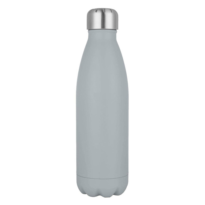 A drink bottle in a matte grey finish with a stainless steel cap and a sleek design. Features a logo.