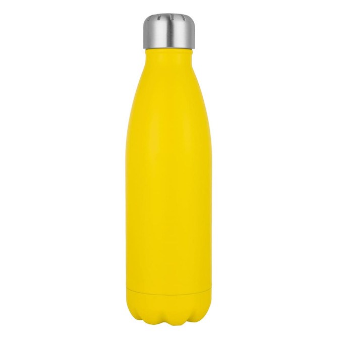 A drink bottle in bright yellow with a stainless steel cap and a sleek, curved design.