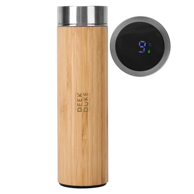 A drink bottle made of bamboo with a stainless steel lid, featuring a digital temperature display, and a logo.