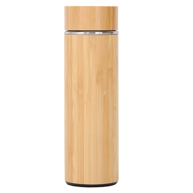 A drink bottle made of bamboo with a sleek, cylindrical design and a wooden lid. It features a stainless steel interior.