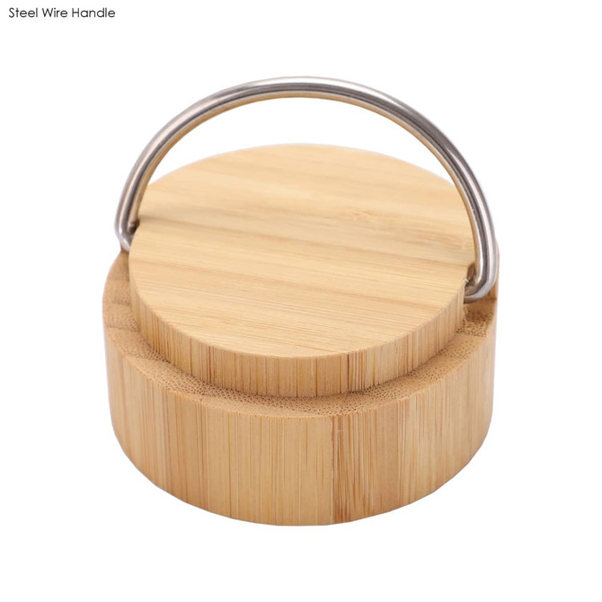 A drink bottle with a bamboo body and a steel wire handle, featuring a circular bamboo lid.