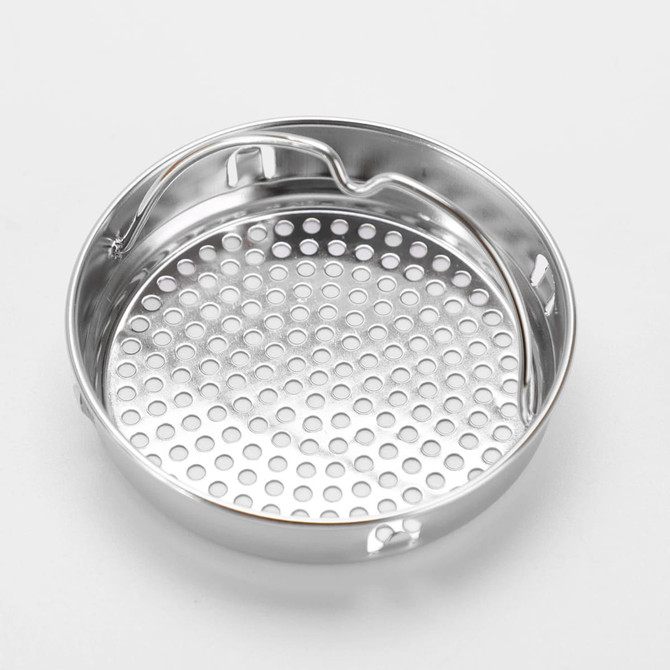 A stainless steel food strainer with a perforated design and a handle for easy lifting.