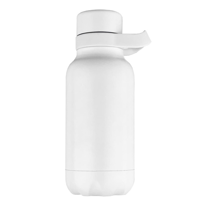 A drink bottle in white with a flip-top lid and a logo, featuring a rounded bottom design.