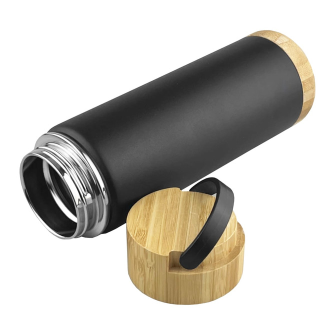 A black drink bottle with a bamboo lid and metal rim, featuring a logo on the body.