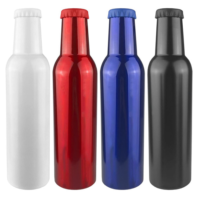 A drink bottle set featuring four colours: white, red, blue, and black, with each bottle having a capped top and a sleek design.
