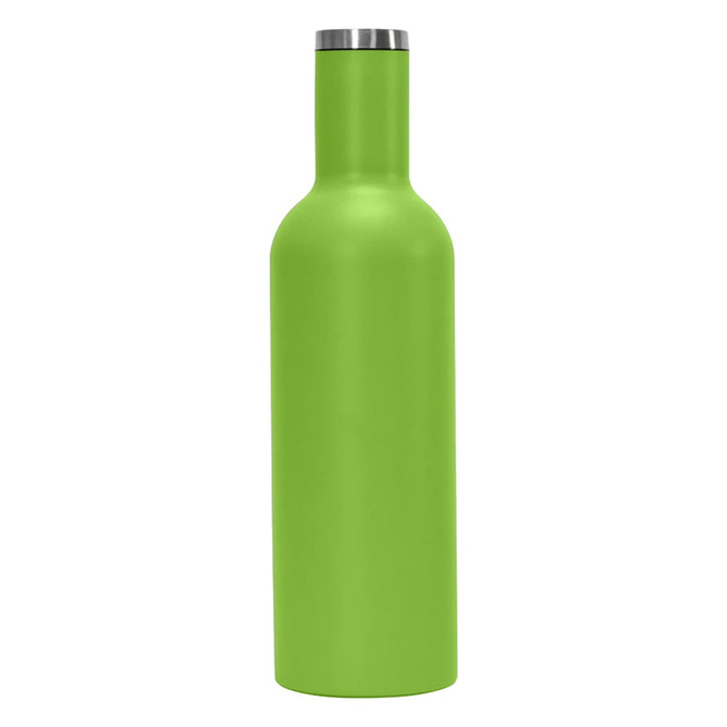 A drink bottle in vibrant green with a stainless steel lid and a smooth matte finish, featuring a logo.