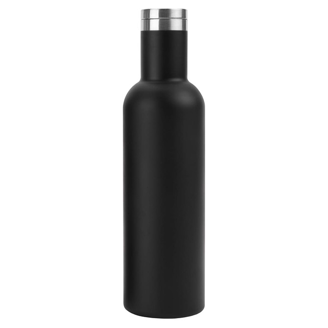 A drink bottle in black with a sleek design and a stainless steel lid, featuring a logo.