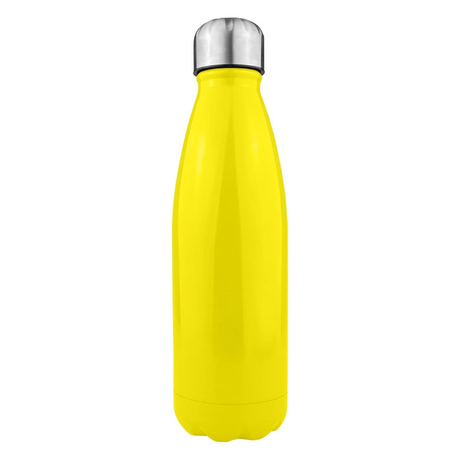 A drink bottle in vibrant yellow stainless steel with a silver screw-on lid and a sleek, single wall design.