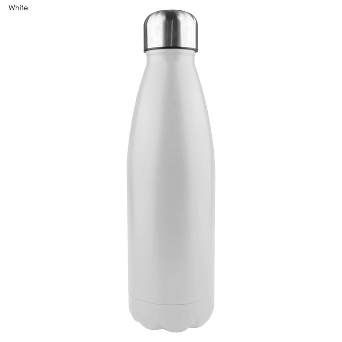 A drink bottle made of shiny stainless steel with a single wall, featuring a white exterior and a silver cap.