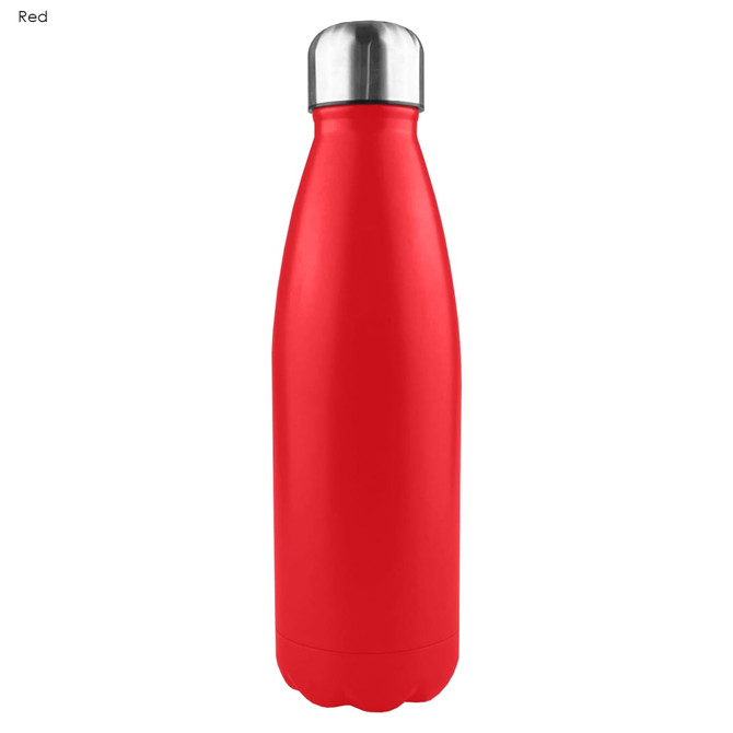 A drink bottle in vibrant red with a shiny stainless steel cap and a smooth finish. It features a logo.