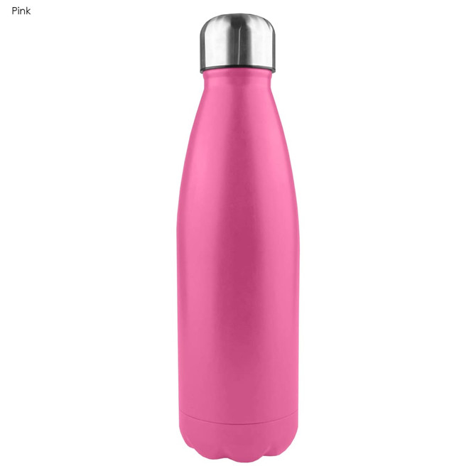 A pink stainless steel drink bottle with a shiny silver lid and a smooth surface. It features a logo on the side.