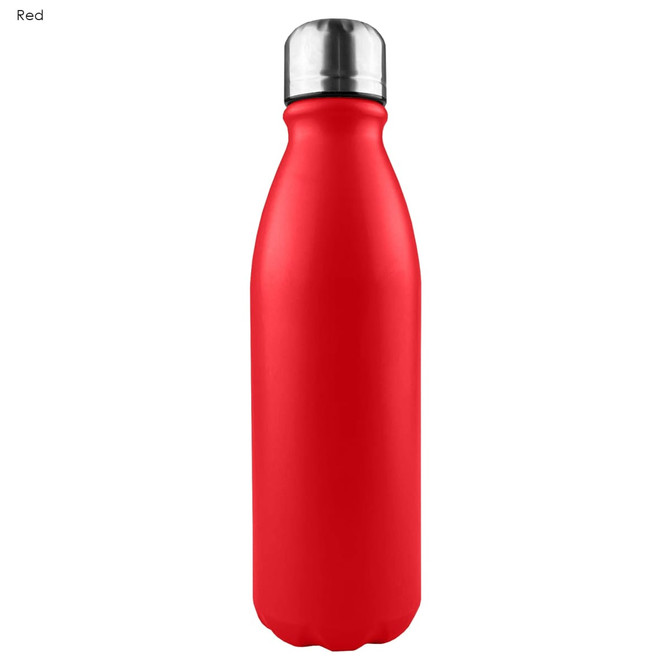 A red aluminium drink bottle with a shiny silver lid and a sleek single wall design. Features a logo.