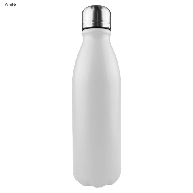 A drink bottle with a shiny aluminium white exterior and a metallic silver cap, featuring a logo.