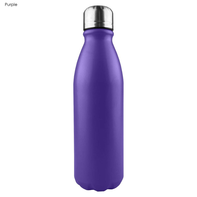 A purple aluminium drink bottle with a shiny metallic lid and a smooth finish, featuring a branding logo.