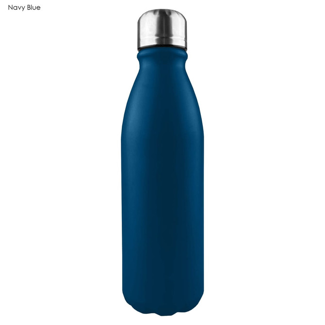 A drink bottle in navy blue with a shiny aluminium finish and a stainless steel cap. It features a logo.