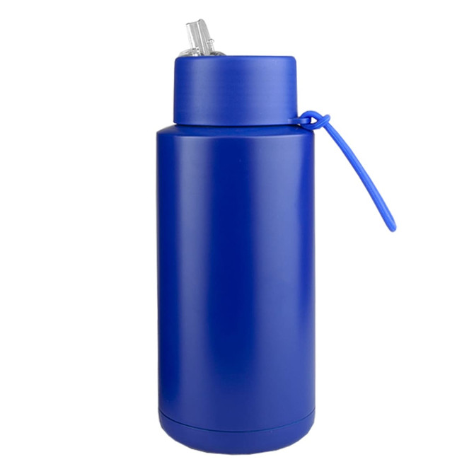A drink bottle in a vibrant blue colour with a straw and a carrying loop. It features a simple design and a logo.