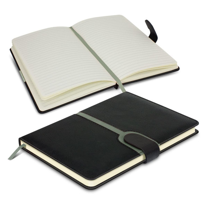 A black notebook with a textured cover, featuring lined pages and a ribbon bookmark, partially open to reveal its interior.