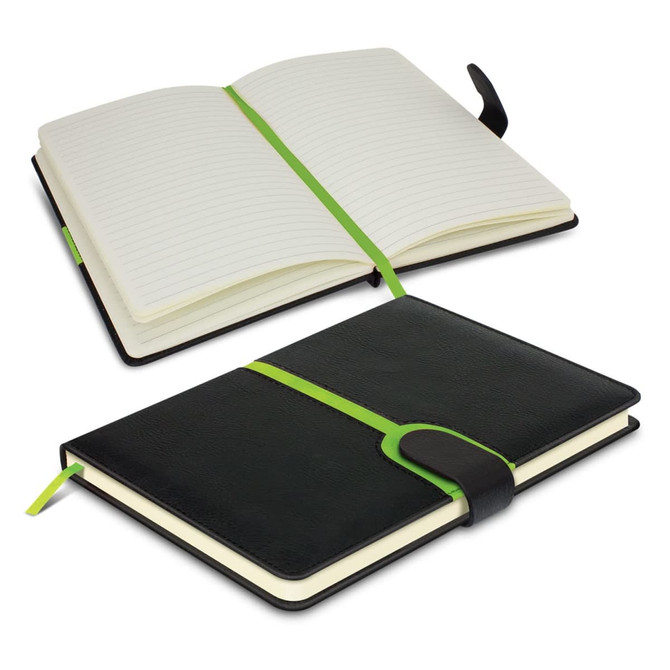 A black notebook with a green elastic band, featuring lined pages and a ribbon bookmark.