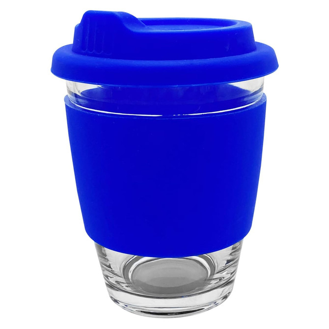 A reusable coffee cup in clear glass with a bright blue silicone sleeve and lid. It features a logo on the sleeve.