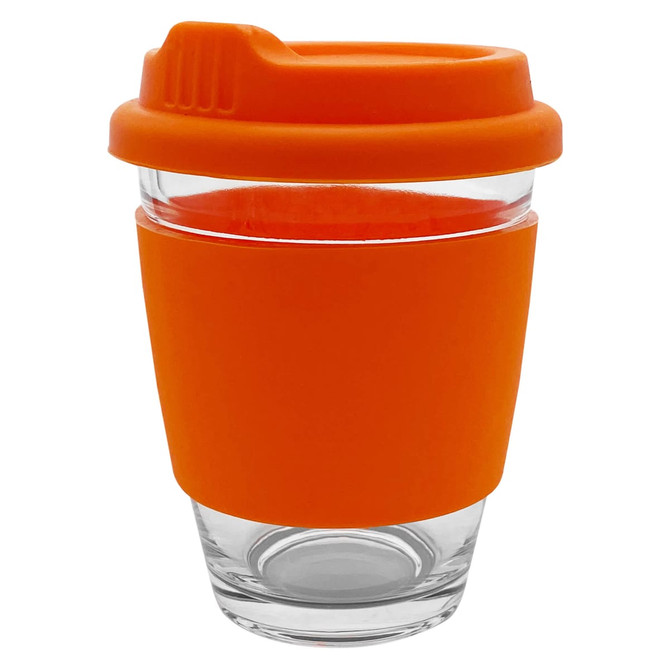 A glass coffee cup with an orange silicone sleeve and lid, designed for reusable use.