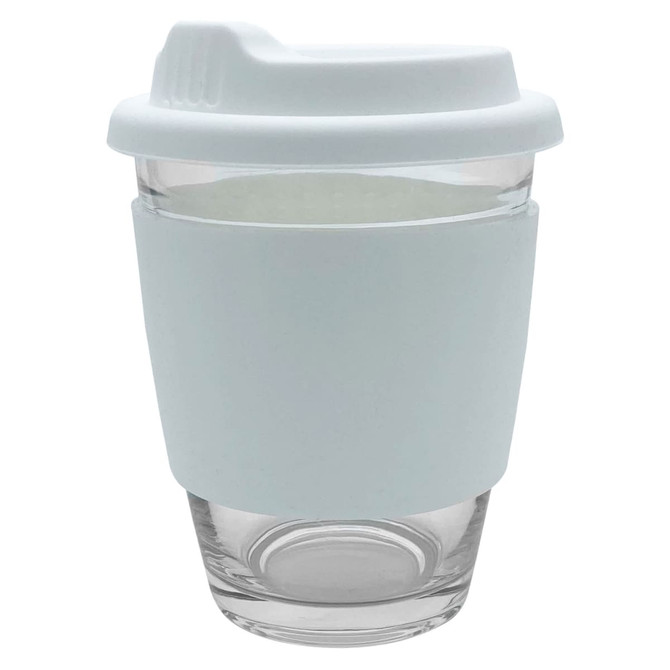 A reusable coffee cup in light blue with a silicone sleeve and lid, featuring a clear glass body and a logo.