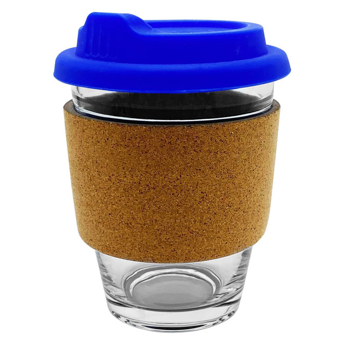 A reusable glass coffee cup featuring a blue lid and cork sleeve for insulation. It includes a logo.