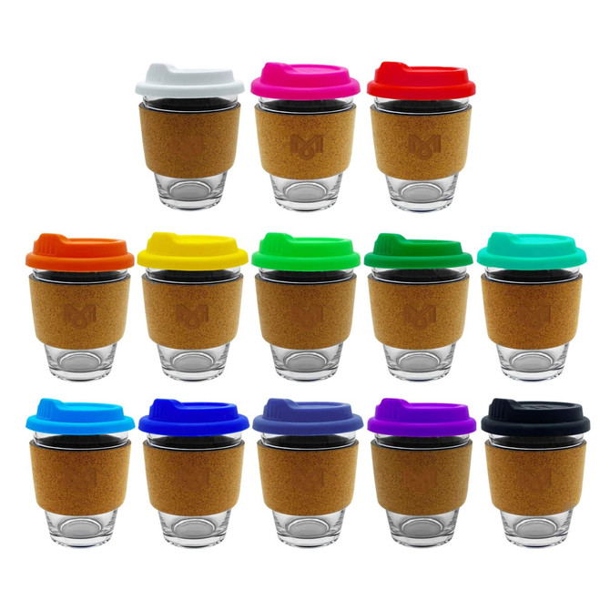 A collection of reusable glass coffee cups featuring cork sleeves and various colourful lids in pink, orange, green, blue, and purple.