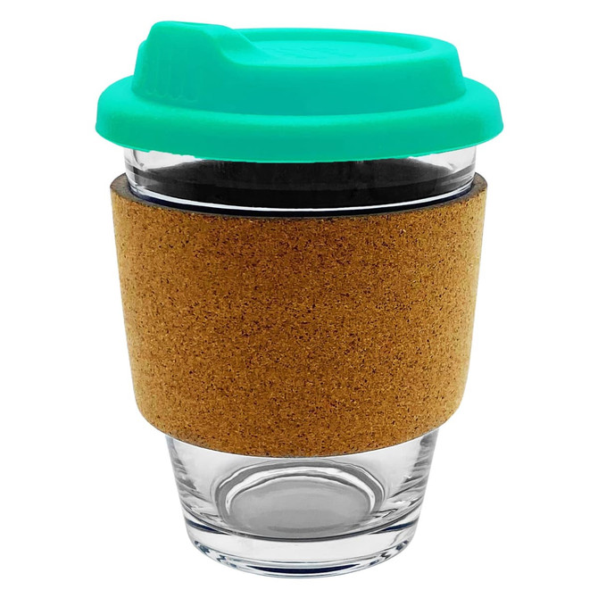 A glass coffee cup featuring a cork sleeve and a teal silicone lid. It includes a brand logo.
