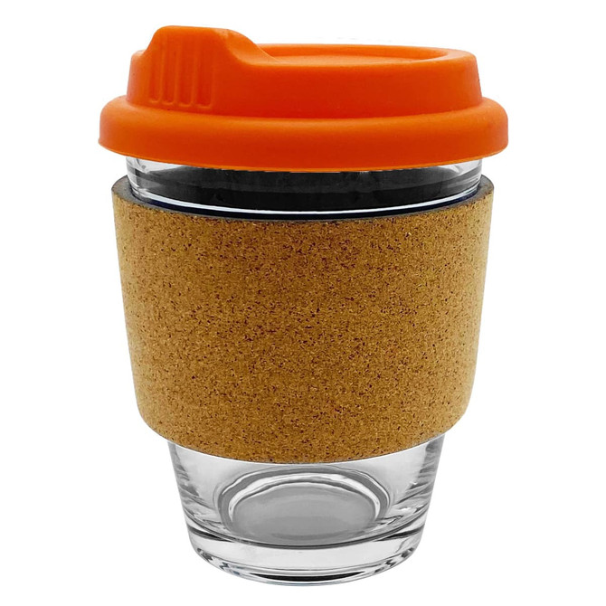 A glass coffee cup with a cork sleeve and an orange lid, featuring a logo on the lid.