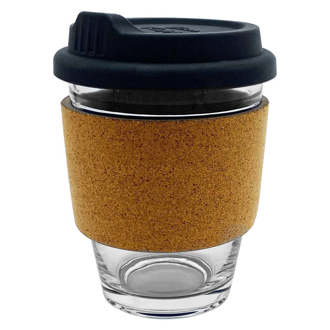 A reusable glass coffee cup featuring a cork sleeve and a black lid. The cup is transparent with a natural cork band.
