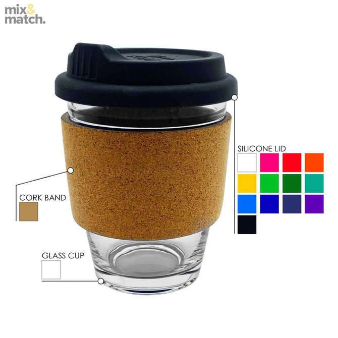 A glass coffee cup with a cork band and black silicone lid, showcasing a modern and eco-friendly design.