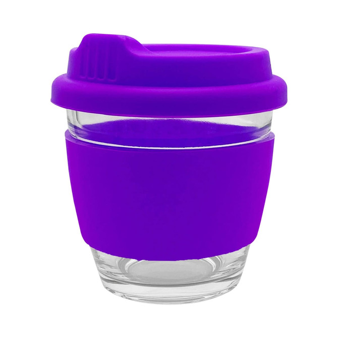 A reusable coffee cup with a clear glass body and a vibrant purple silicone sleeve and lid. It features branding.