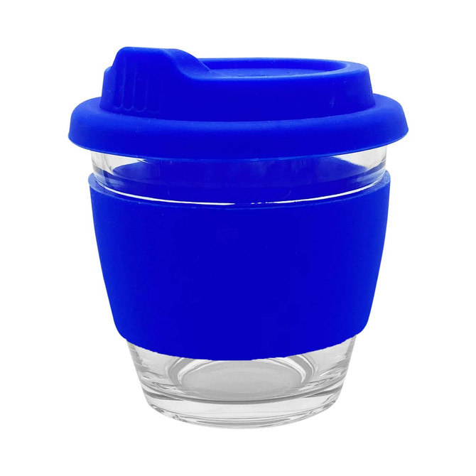 A reusable coffee cup with a clear glass body and a blue silicone sleeve and lid. It features a logo.
