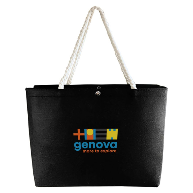 A black felt tote bag with white rope handles and a logo on the front.