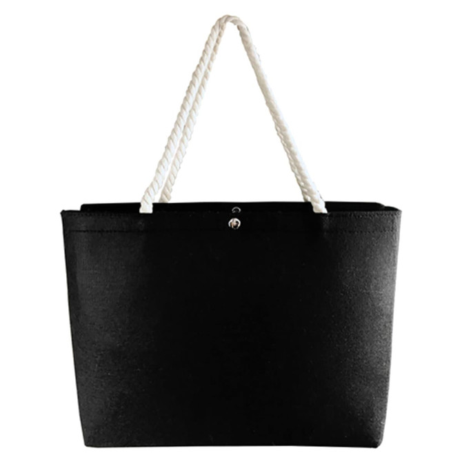 A black felt tote bag with white rope handles and a dual-button closure. It features a logo on the front.