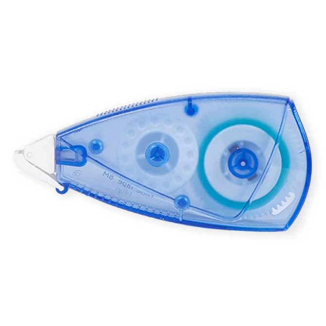 A blue adhesive tape dispenser featuring transparent casing, showcasing the inner mechanisms and tape.