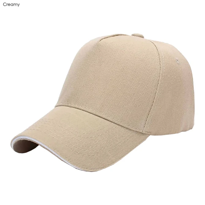 A creamy beige cap with a structured design and a curved brim, featuring a logo on the front.